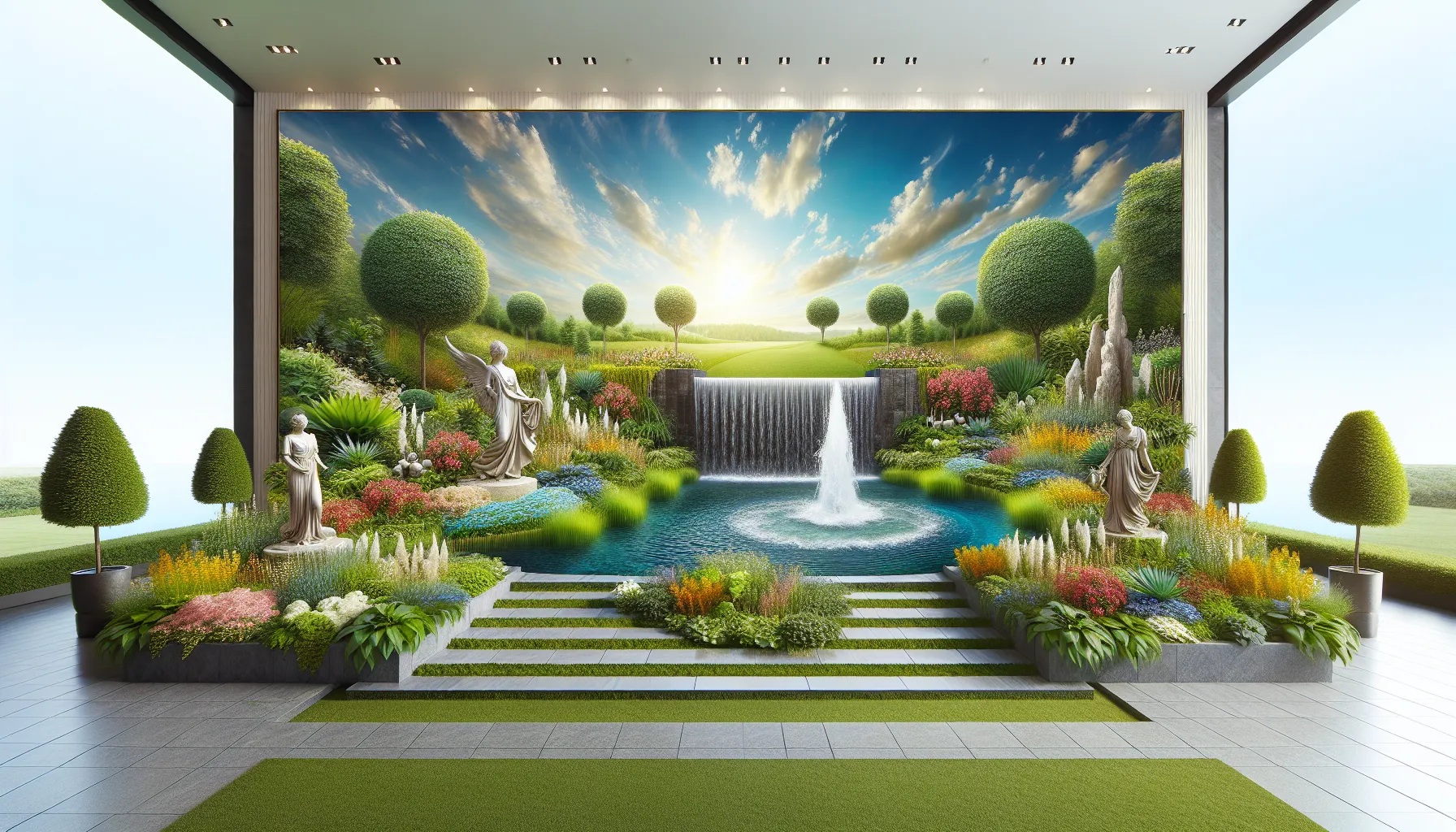 artistic landscape design featuring sculptures and a water feature.