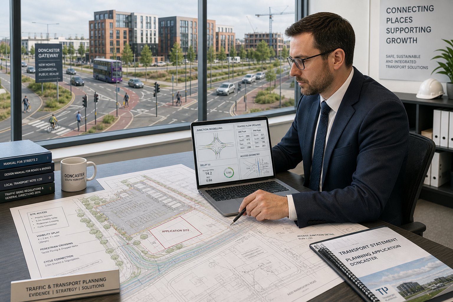 Traffic engineer reviewing planning and road access plans in a modern office.