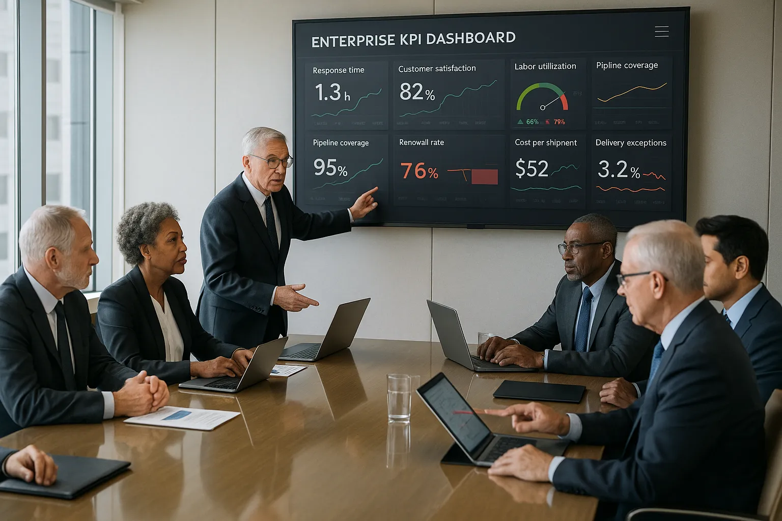 Executives reviewing KPI dashboards in a modern corporate boardroom.
