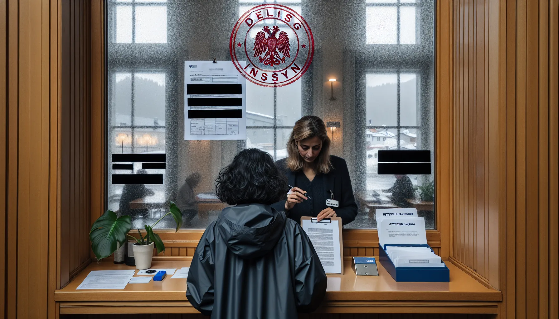 Citizen receives partially redacted public document at a norwegian municipal counter.