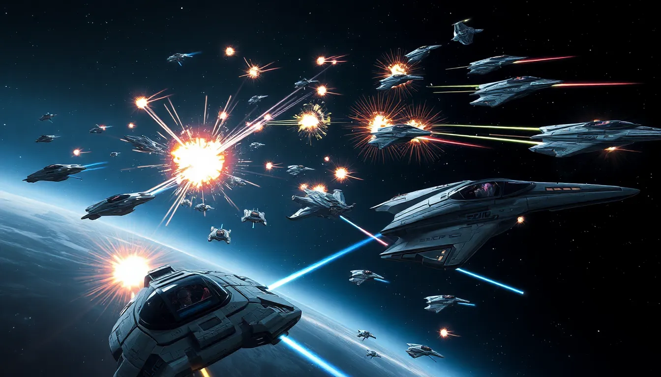 Diverse spaceships engaged in an intense EVE Online battle.