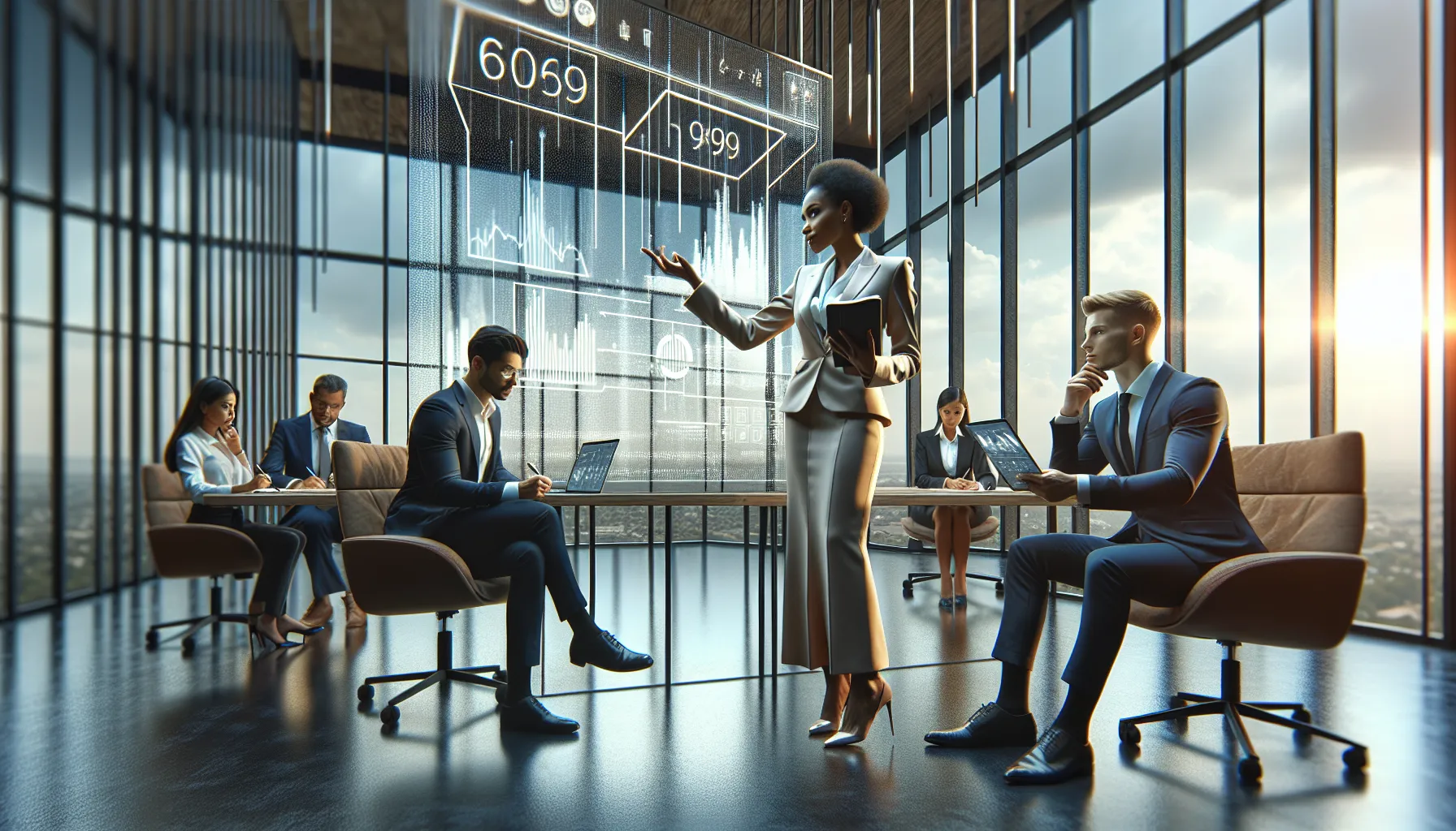 business professionals discussing customer service in a modern office.