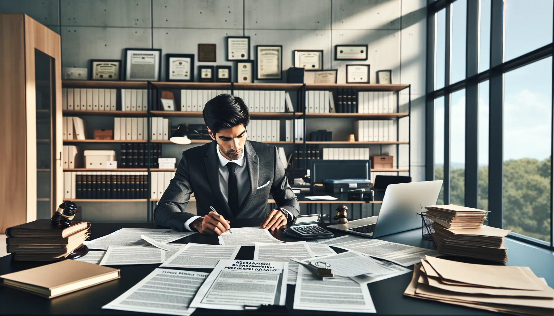 Croatian lawyer reviewing traffic violation penalty notice documents in modern office