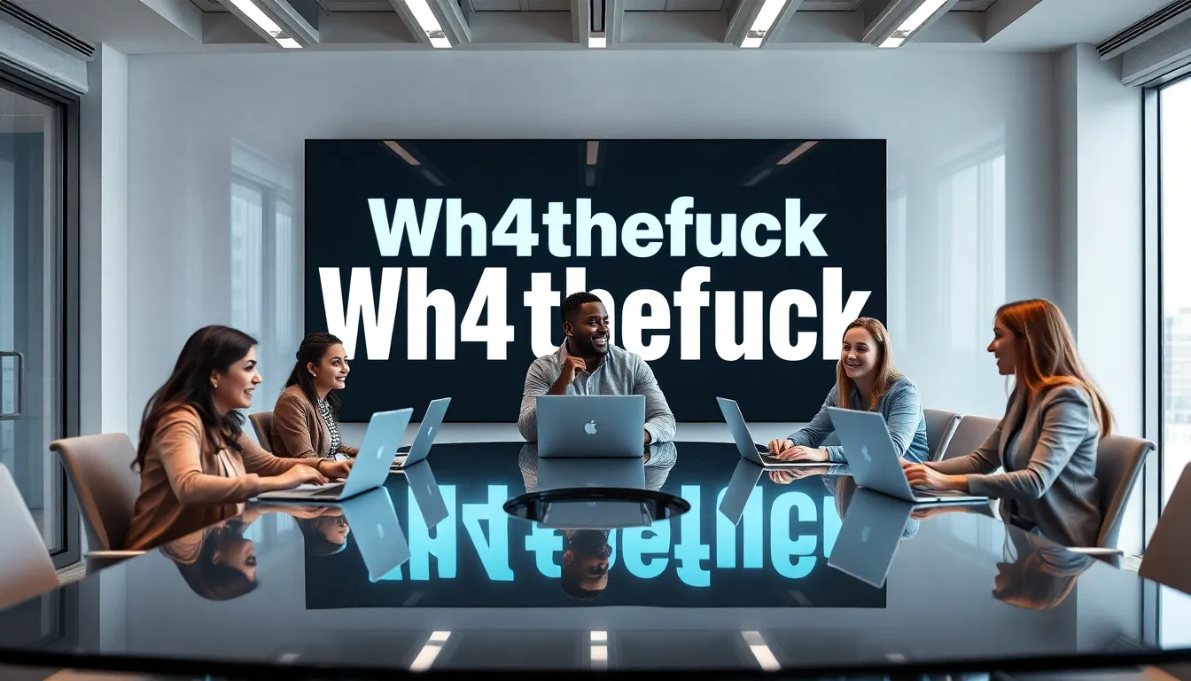 professionals discussing the expression 'Wh4thefuck' in a modern office.