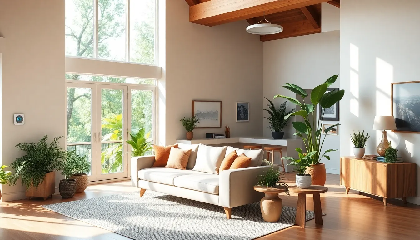 a modern open-concept living space with natural elements and smart technology.