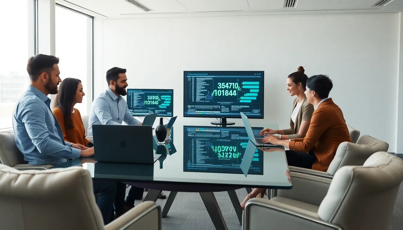 diverse team analyzing data in a modern office.