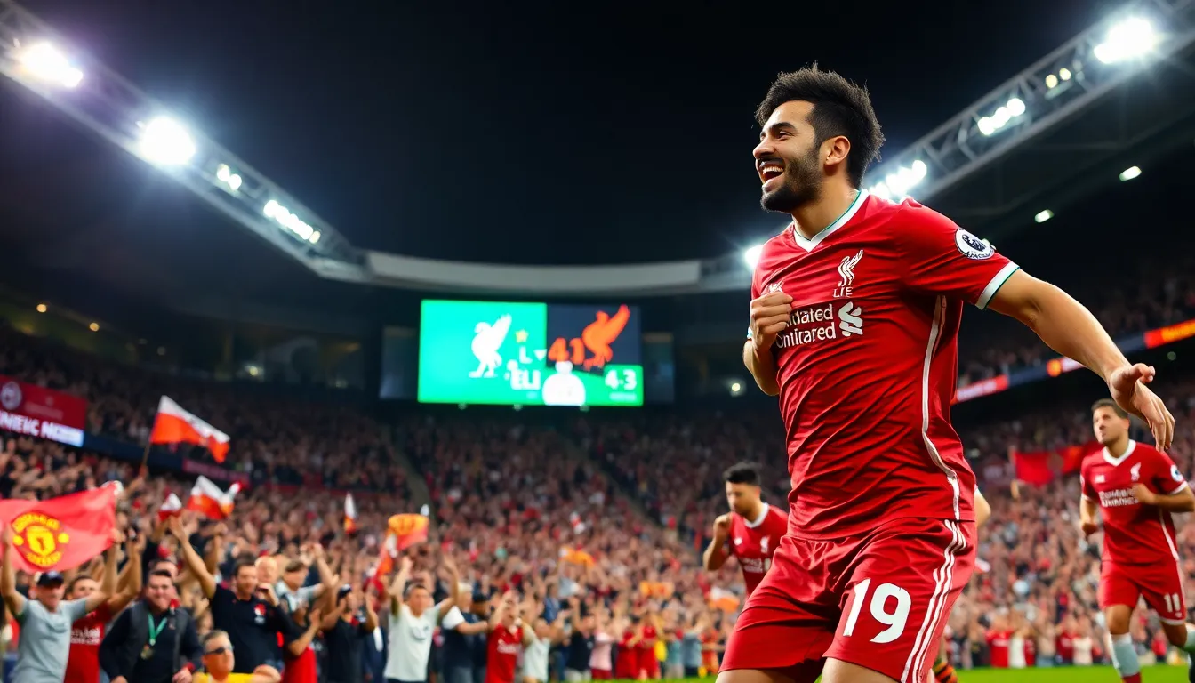 Mohamed Salah celebrating a goal in a packed football stadium.