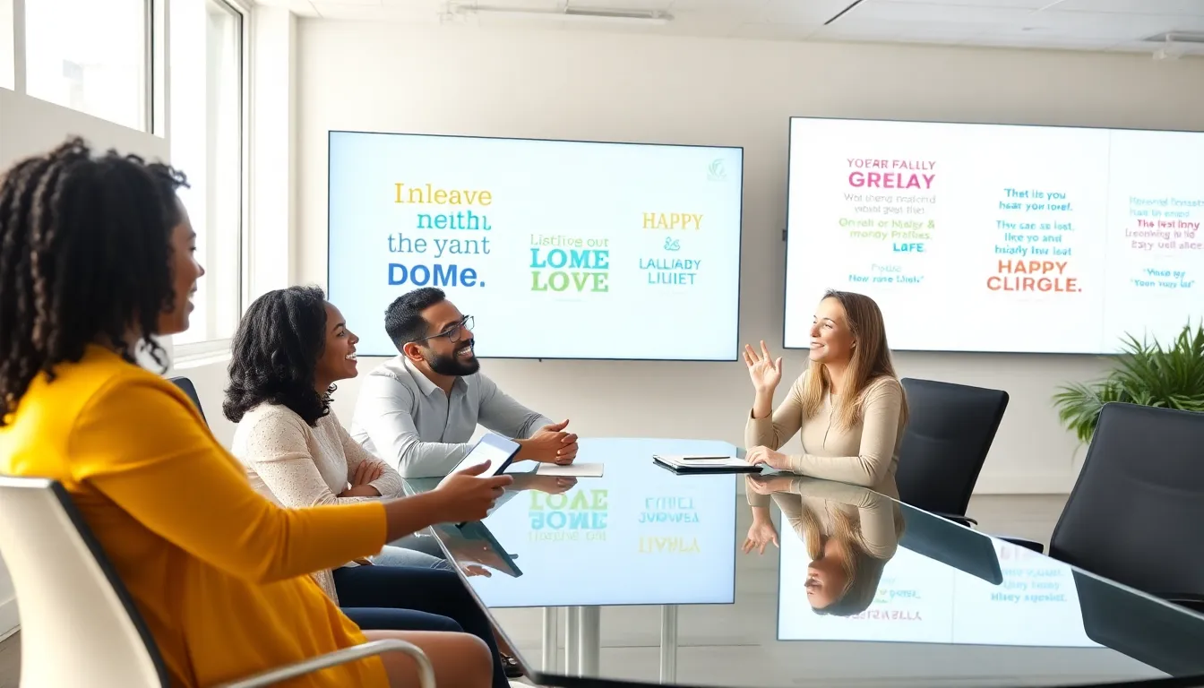 diverse professionals collaborating with inspirational quotes in a modern office.
