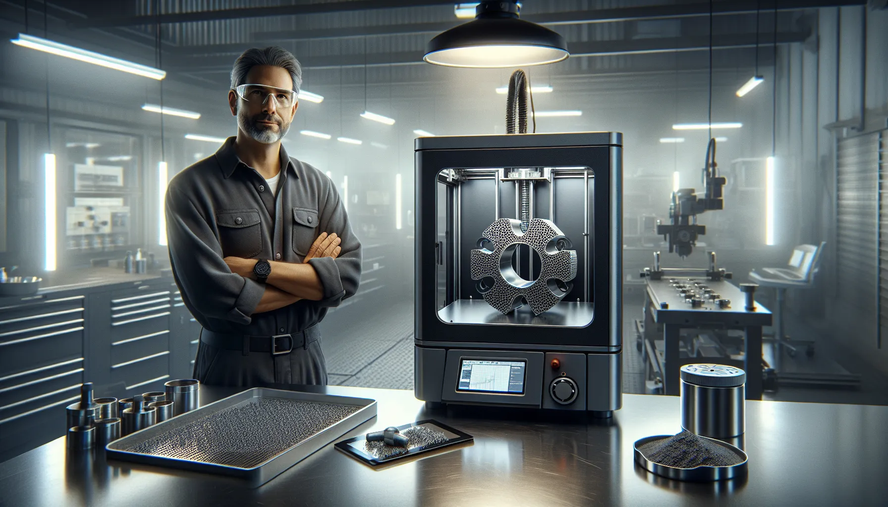Engineer checks a metal 3d-printed machine part beside a cnc mill.