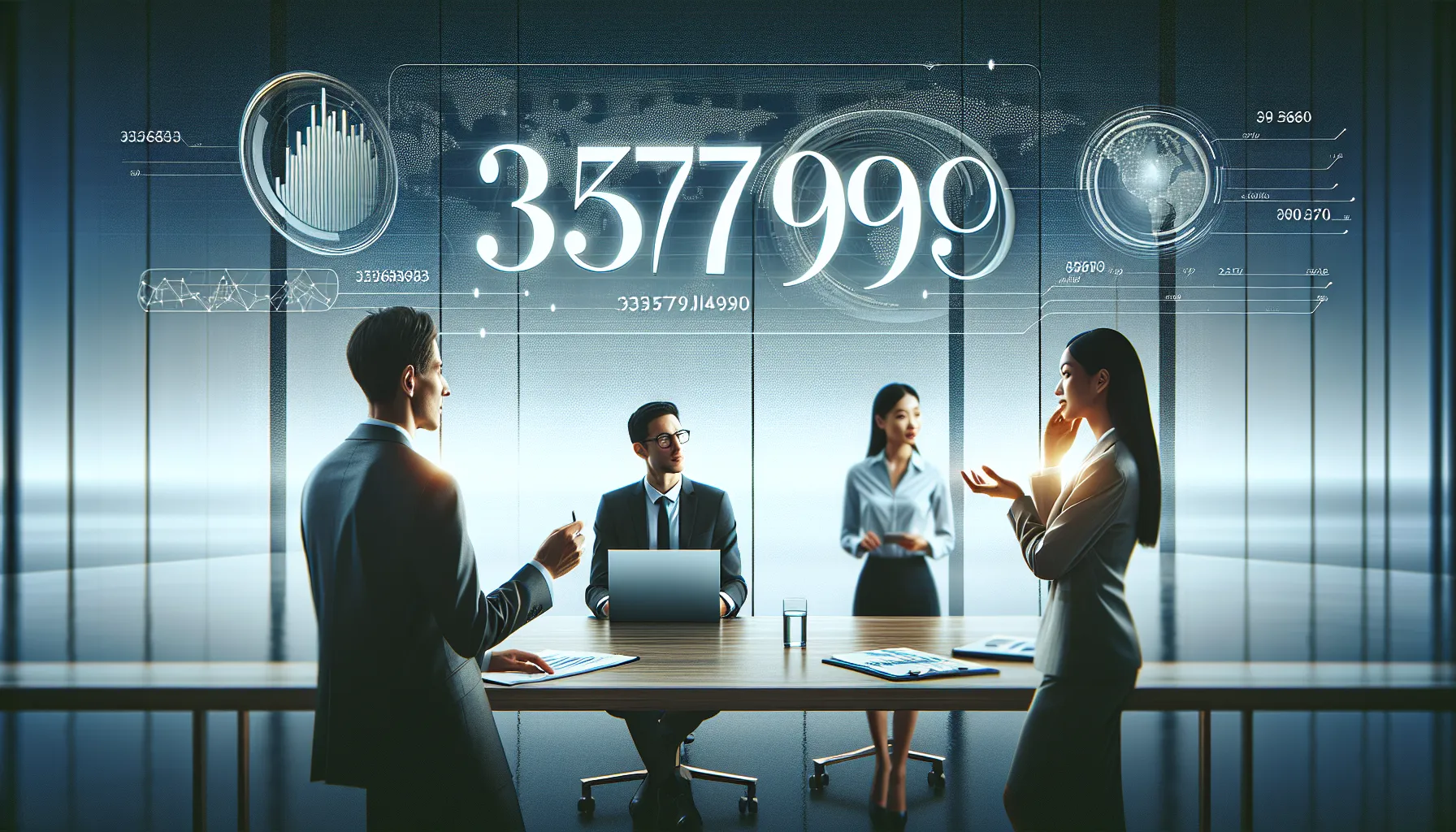 digital interface displaying the number 3357694990 with professionals discussing.