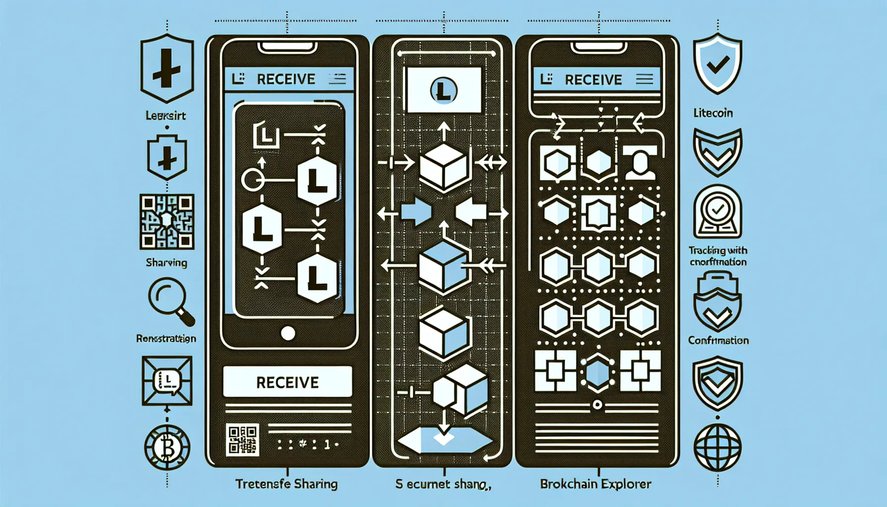 Three-step diagram showing Litecoin receiving process: address generation, secure sharing, and transaction confirmation.