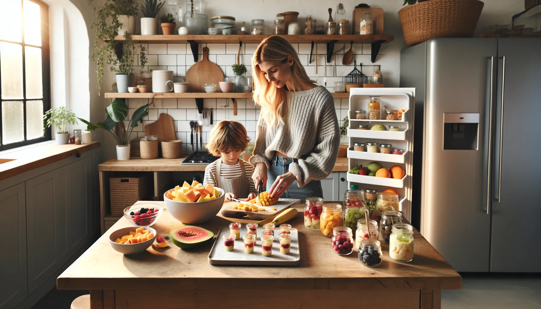 Norwegian mother and child prepping colorful fruit snacks in an organized kitchen.