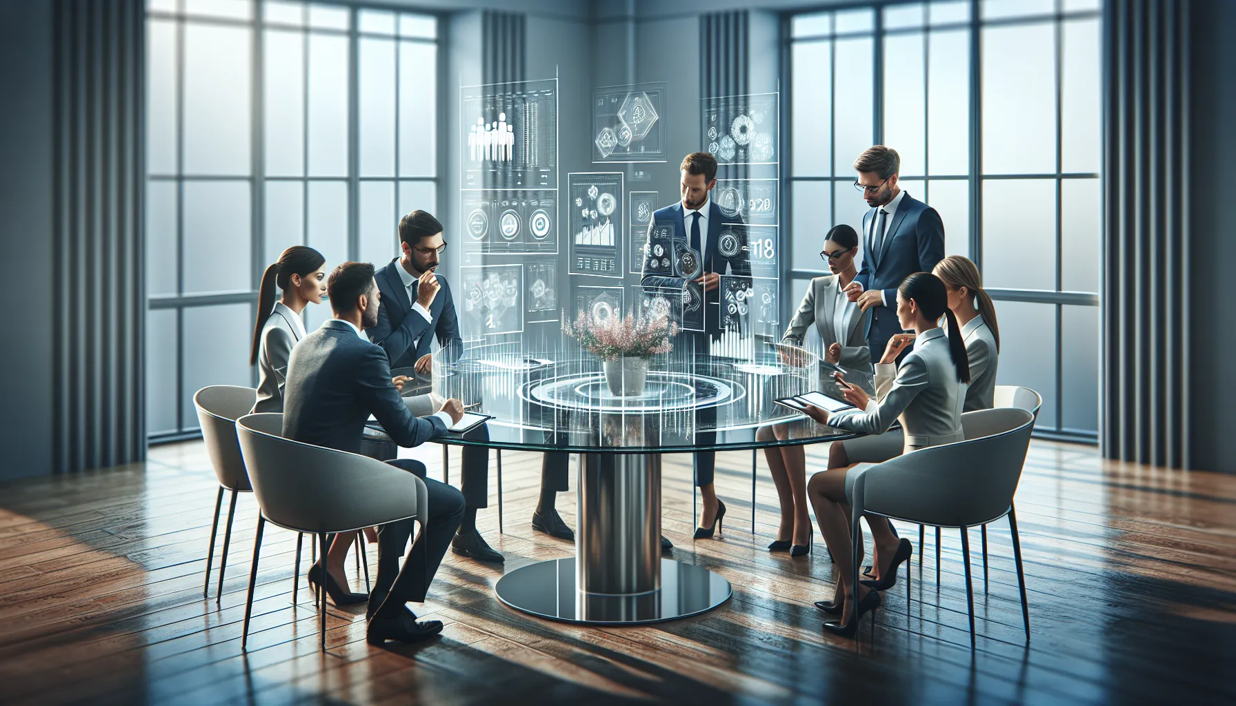 diverse professionals discussing numbers in a modern office.