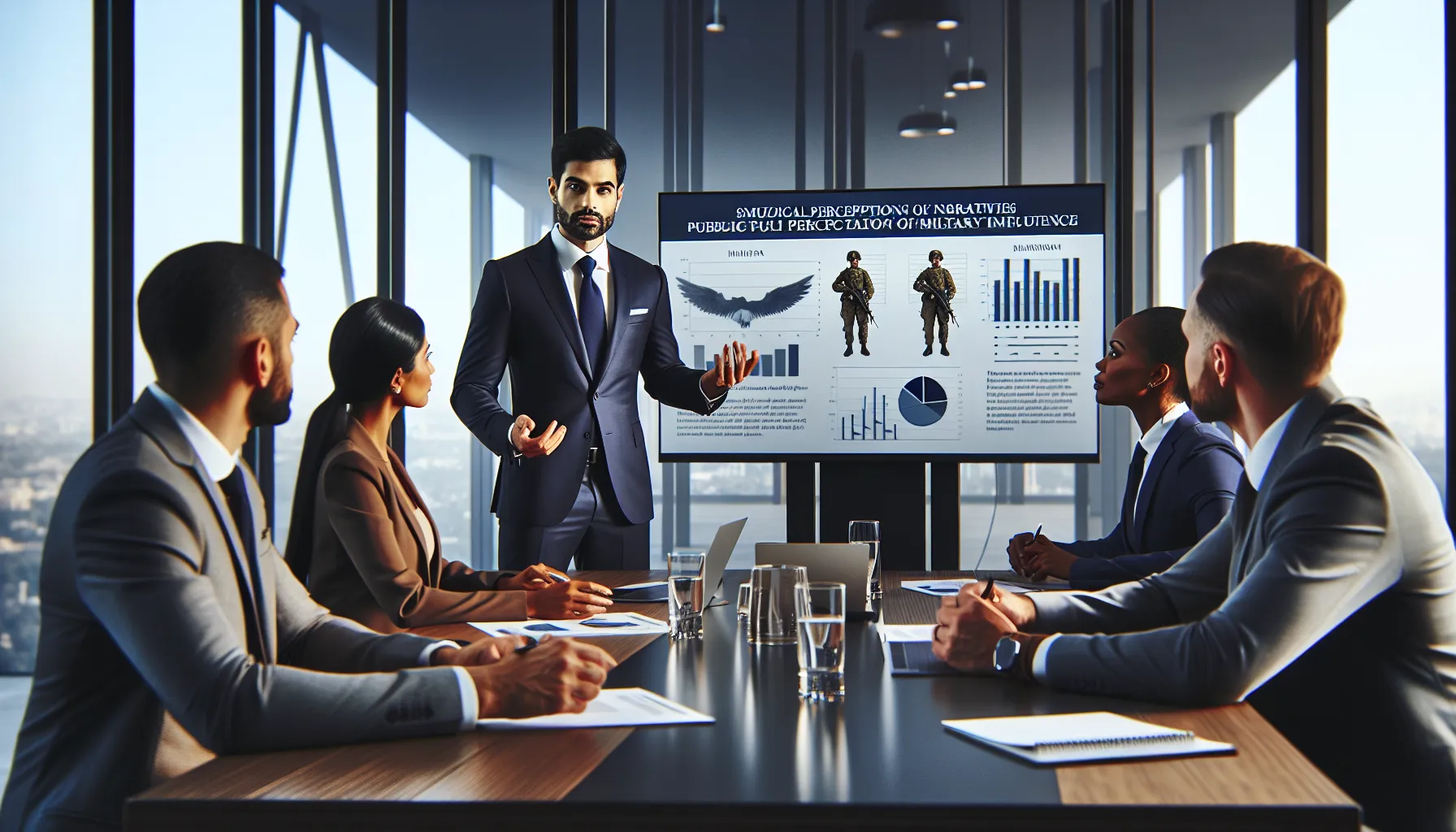 diverse group discussing military influence on society in a conference room.
