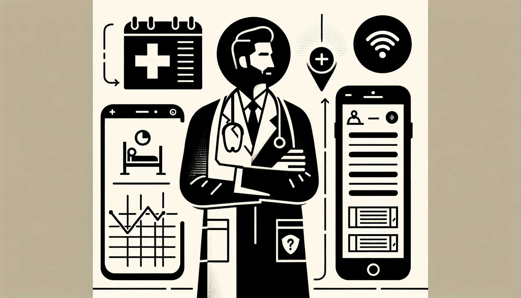 Line art of a physician connected to hospital, phone, clock, calendar, and clipboard icons of Physician Call Coverage Requirements.