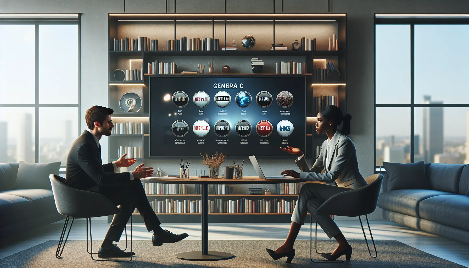 professionals discussing legal movie streaming options in a modern office.
