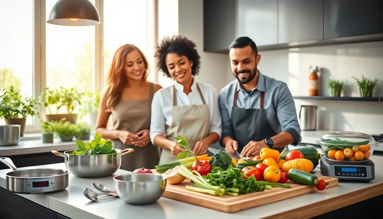 diverse group cooking nutritious meals in a modern kitchen.