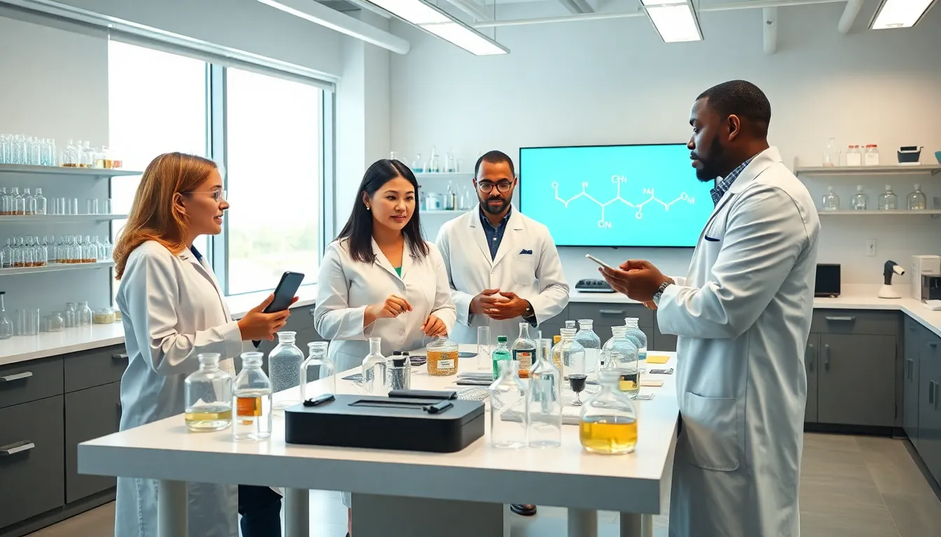 scientists discussing melamine research in a modern lab.