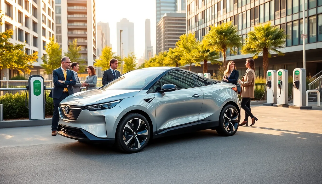 diverse professionals discussing an electric vehicle in a modern city.