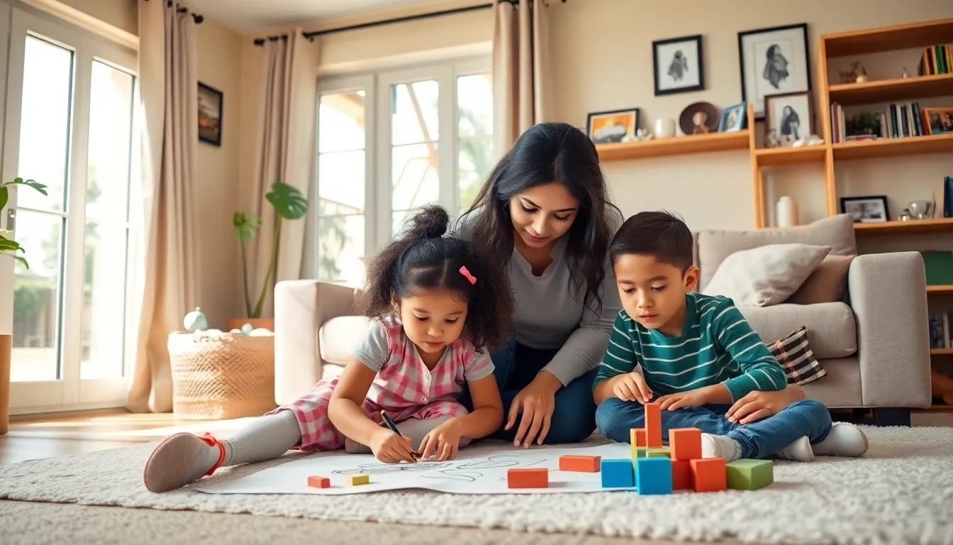 foster parent interacting with children in a cozy living room.