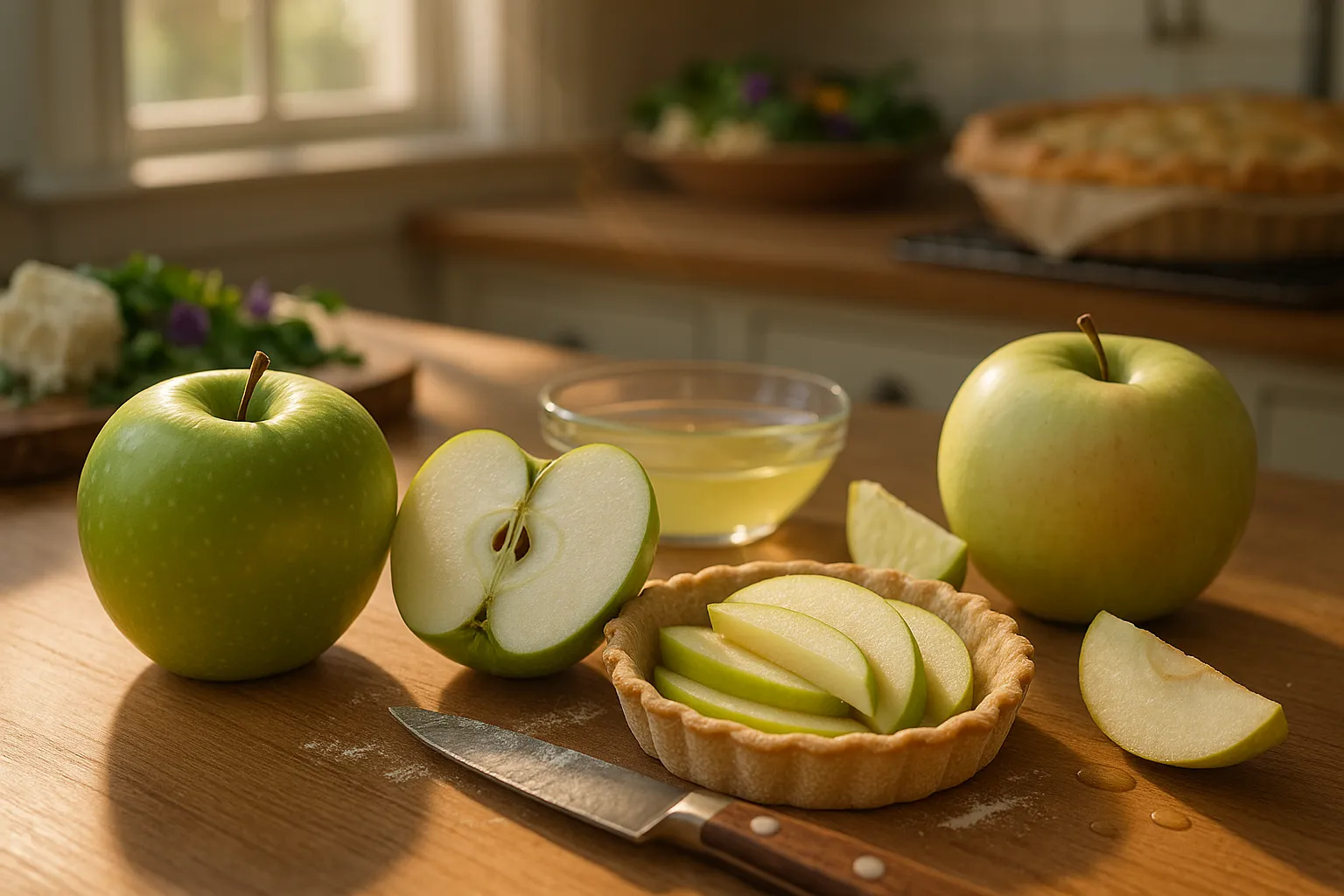 Two green apples with slices, tart, lemon water, and cheese board