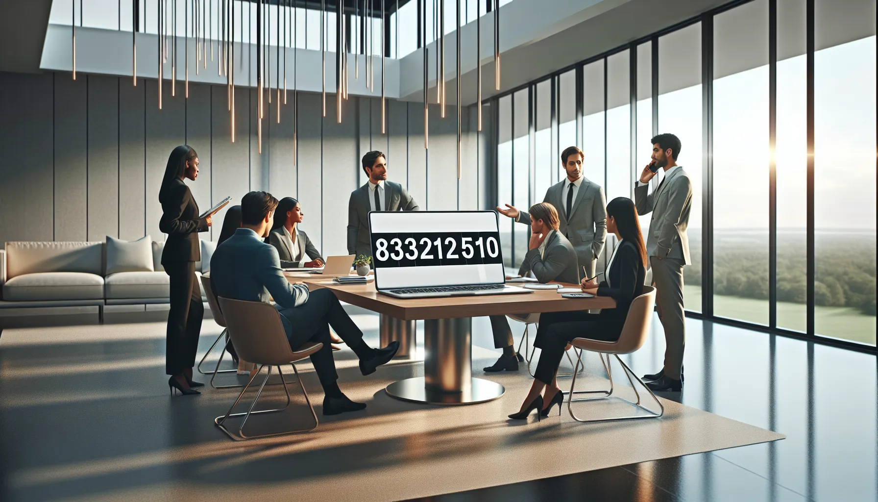 diverse professionals discussing a toll-free number in a modern office.