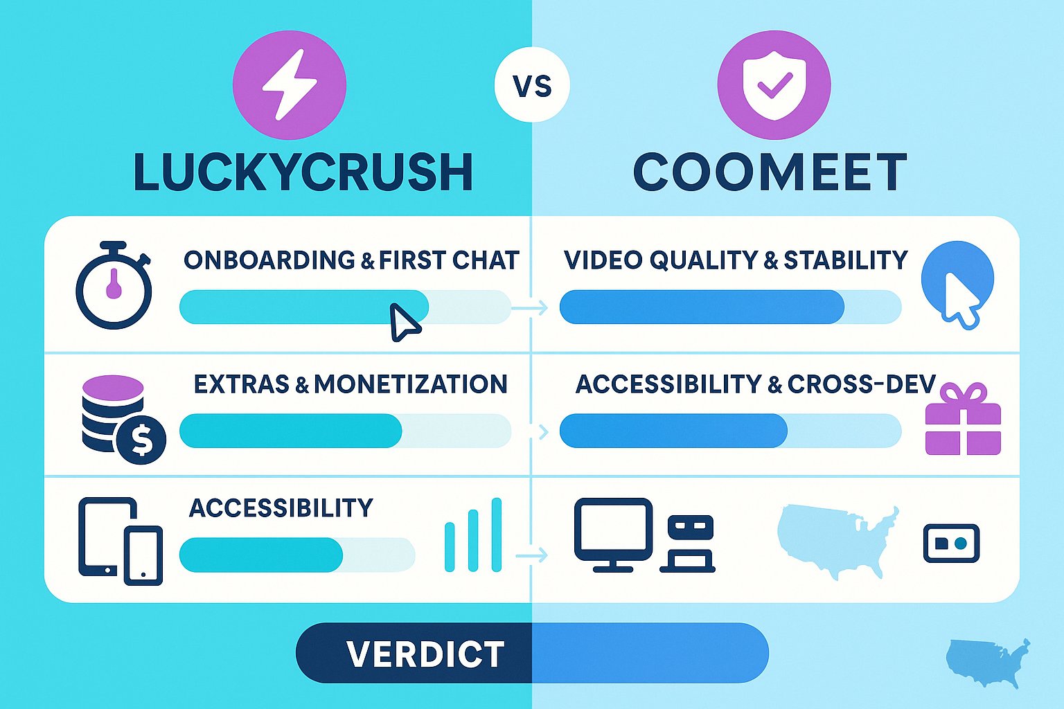 Side-by-side comparison of LuckyCrush and CooMeet features and UX.