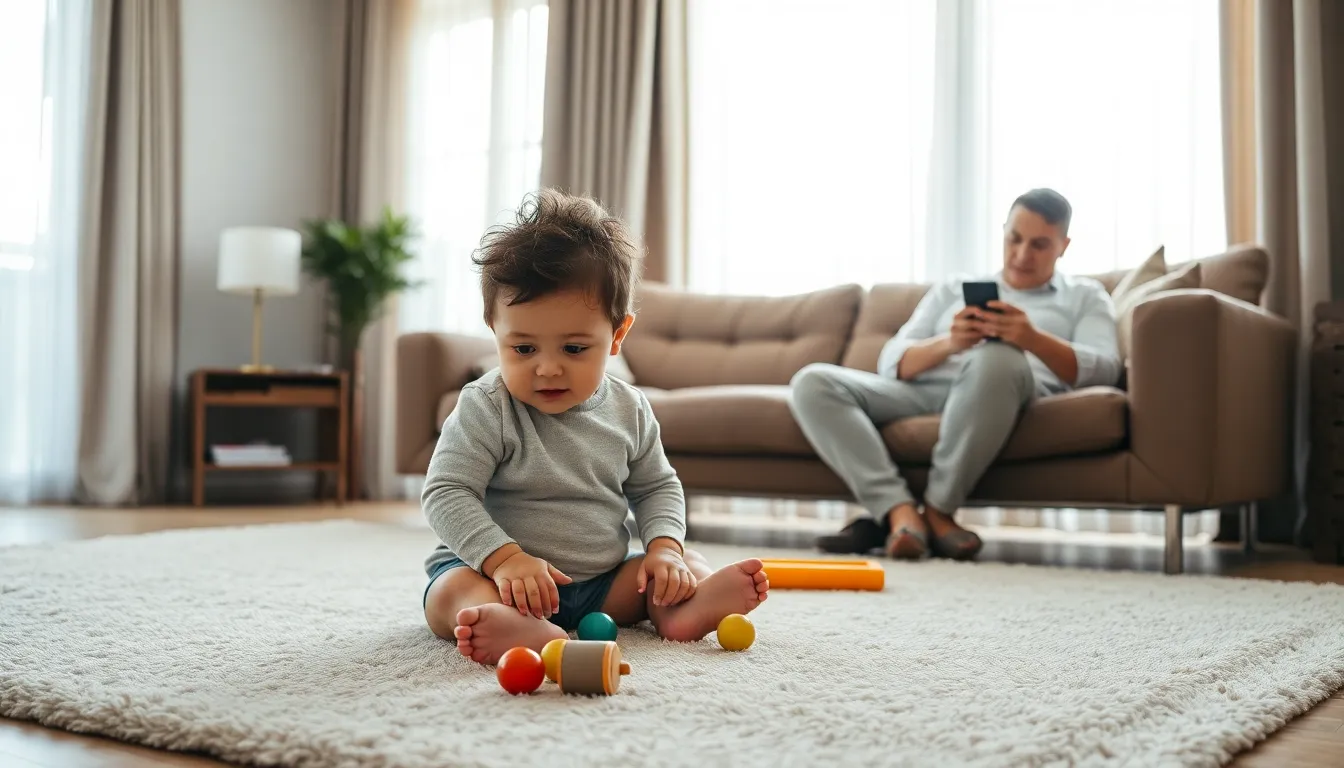 A child playing alone while a parent is distracted by their smartphone.