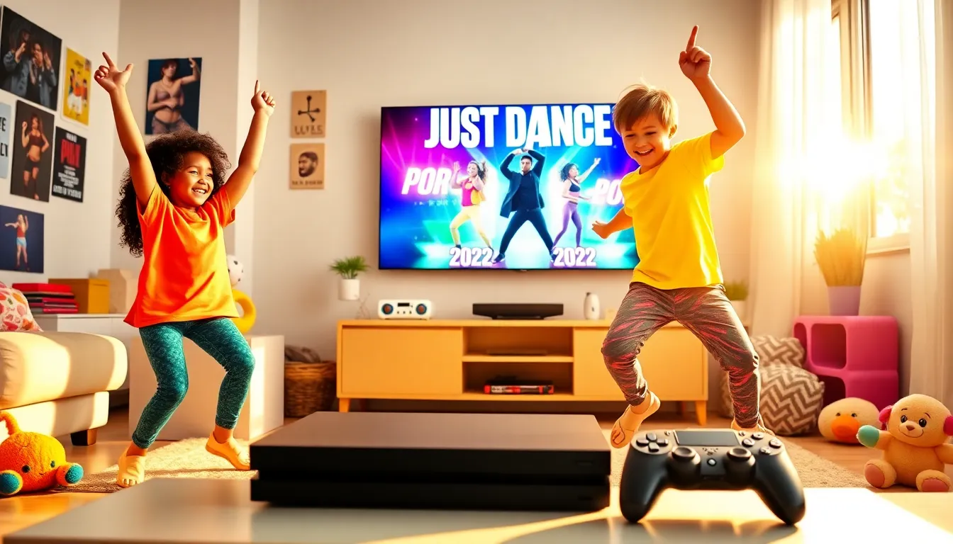 children dancing in a colorful living room to Just Dance 2022.
