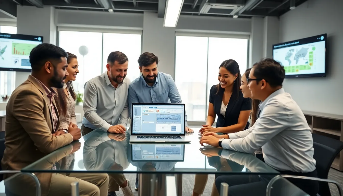 professionals collaborating on the Pblemulator simulation software in a modern office.