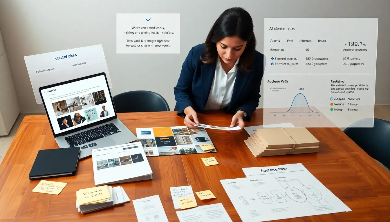 A curator arranging moodboards and tablet recommendations in a modern studio.