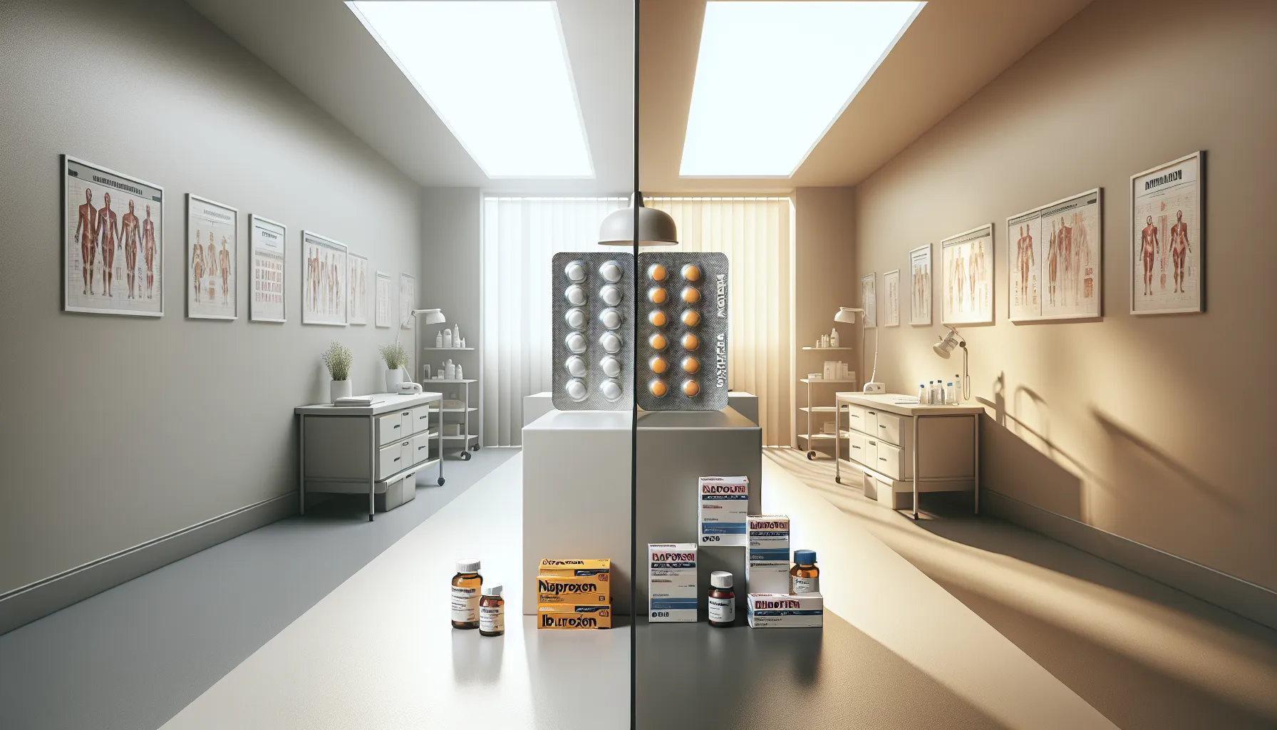 Depiction of naproxen and ibuprofen medications in a clinical setting.