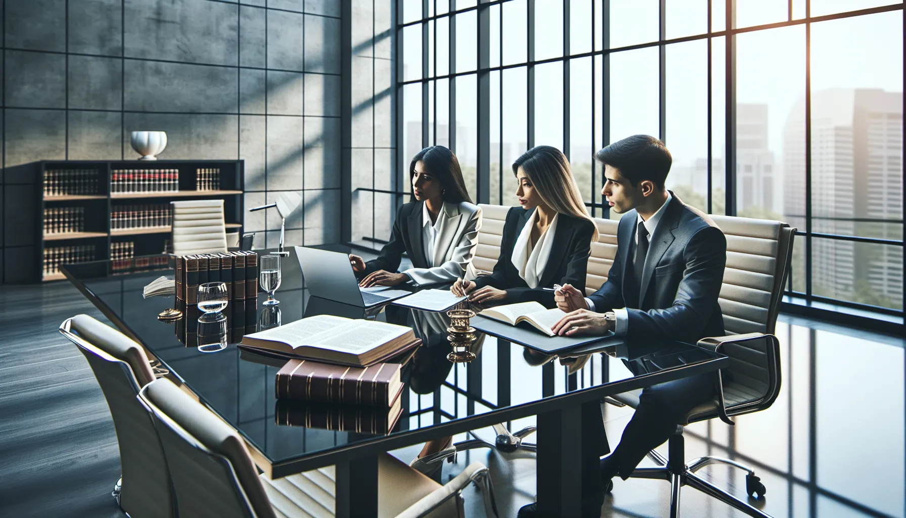 diverse professionals discussing legal implications of movie downloads in an office.