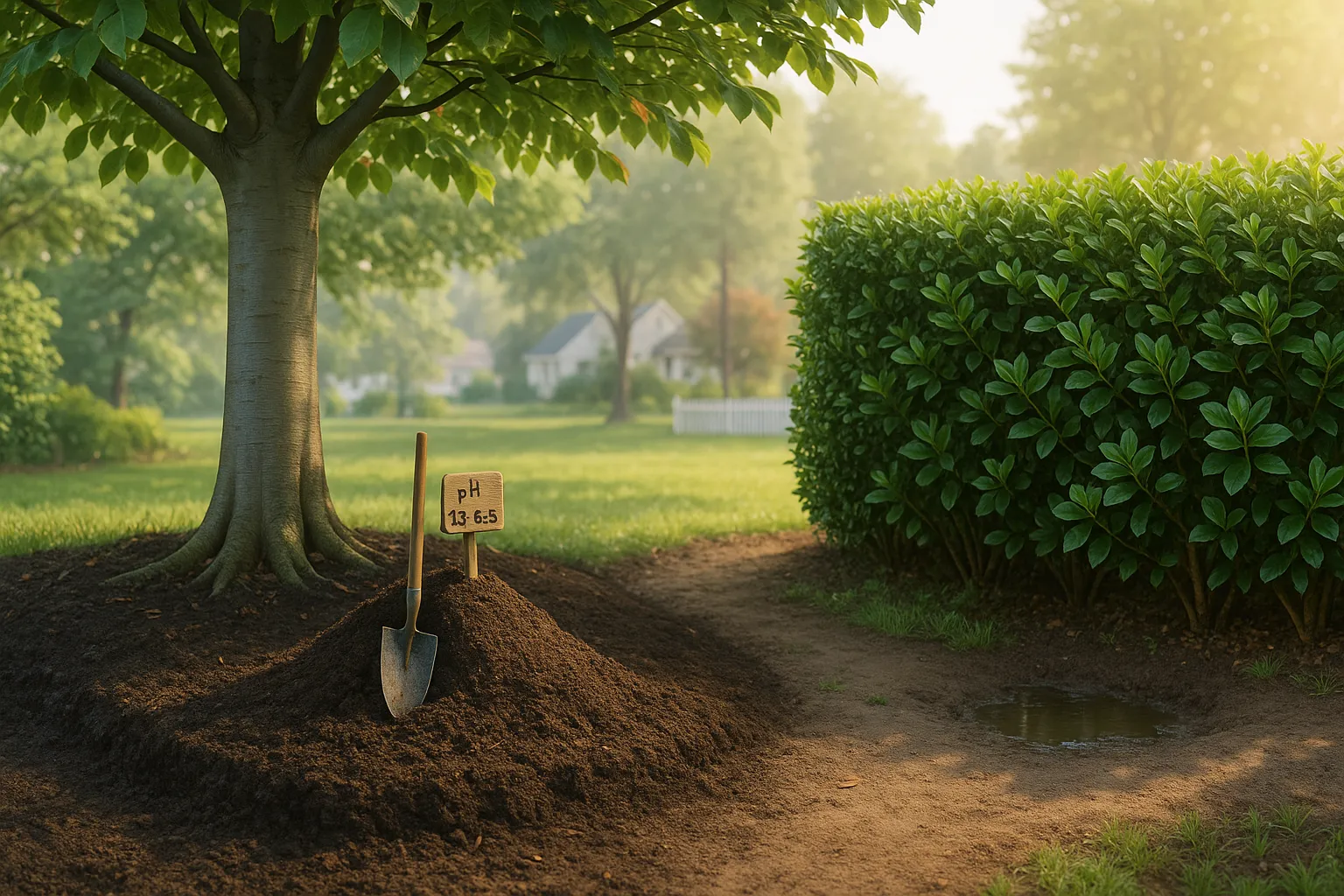 Mature beech tree beside a privet hedge showing contrasting soils and light.
