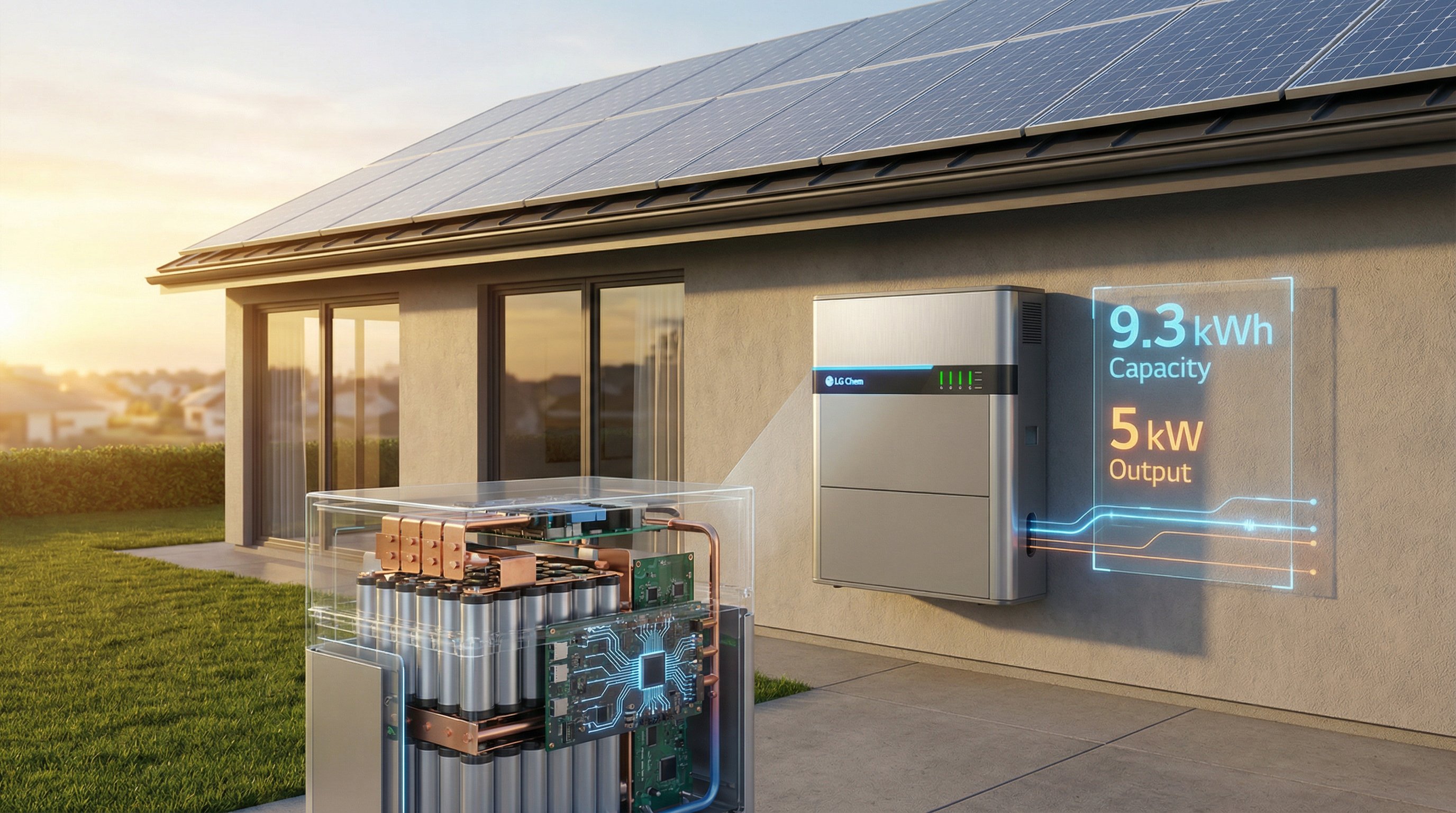 3D render of BrightBox solar battery storage unit mounted on modern home with rooftop solar panels.