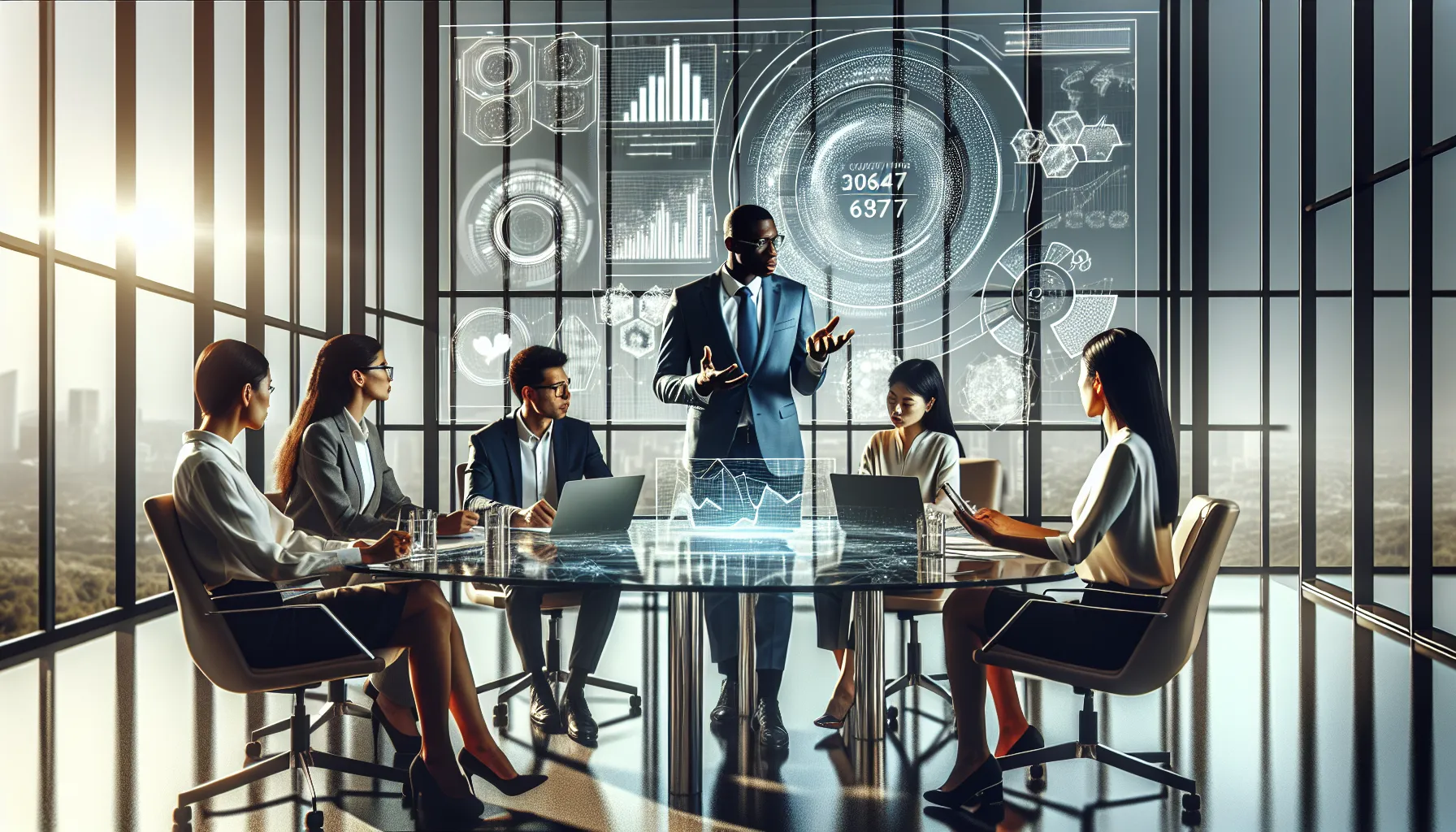 diverse team analyzing data around a conference table.
