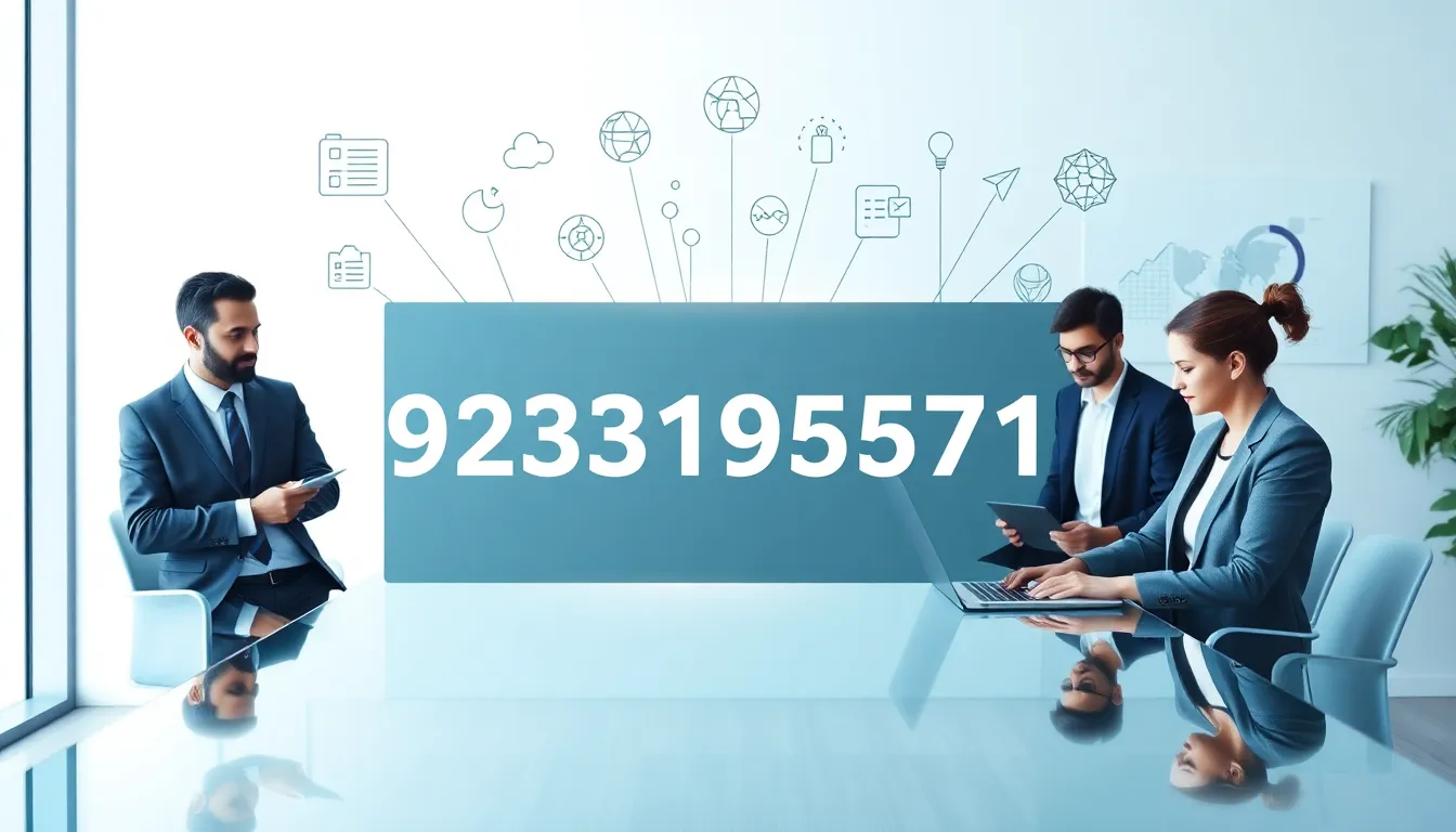digital display of the number 9253195571 with professionals analyzing data.