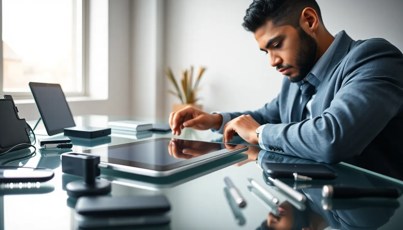 A professional examining a Samsung tablet in a modern workspace.