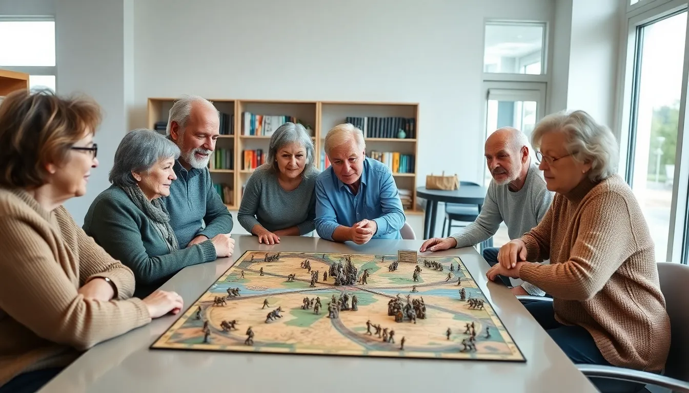 diverse seniors playing a strategic war game in a community setting.