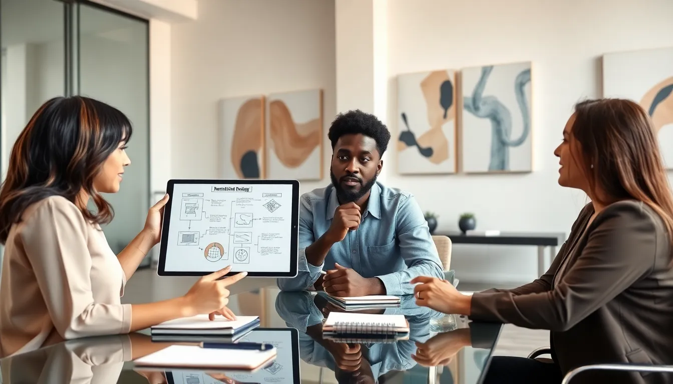 professionals collaborating on narrative storytelling in a modern office