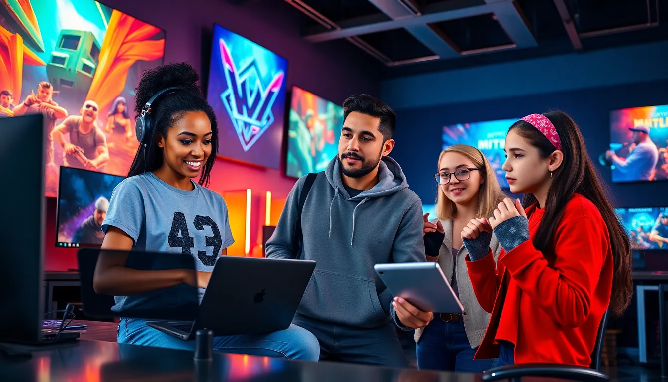 a diverse group of gamers in a vibrant gaming studio showcasing technology.