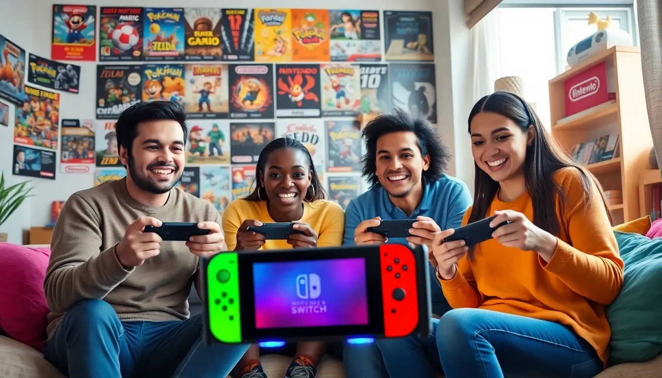 group of gamers enjoying Nintendo games with consoles and iconic game covers.