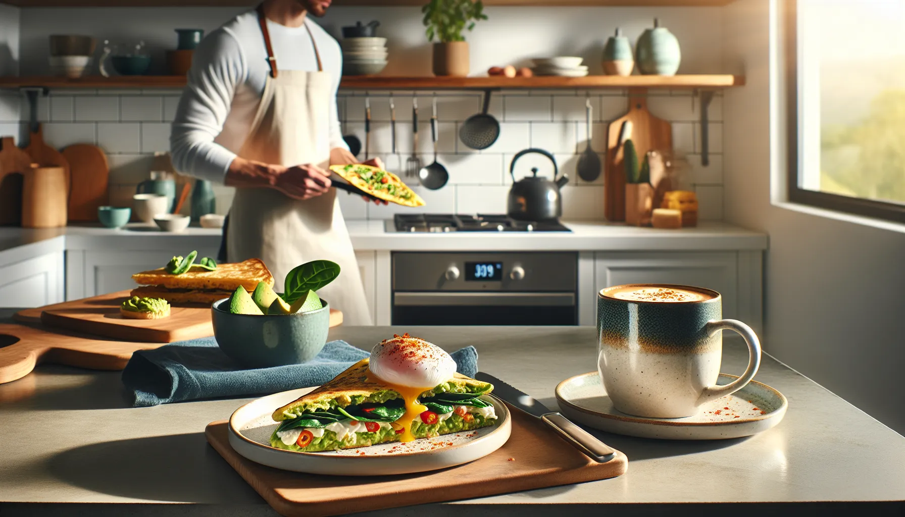 A modern kitchen display featuring various fast brunch recipes.