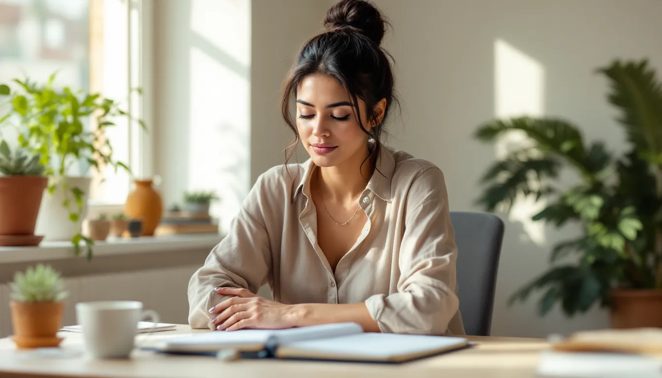 Woman pausing with eyes closed at a calm desk, practicing mindful boundary-setting.