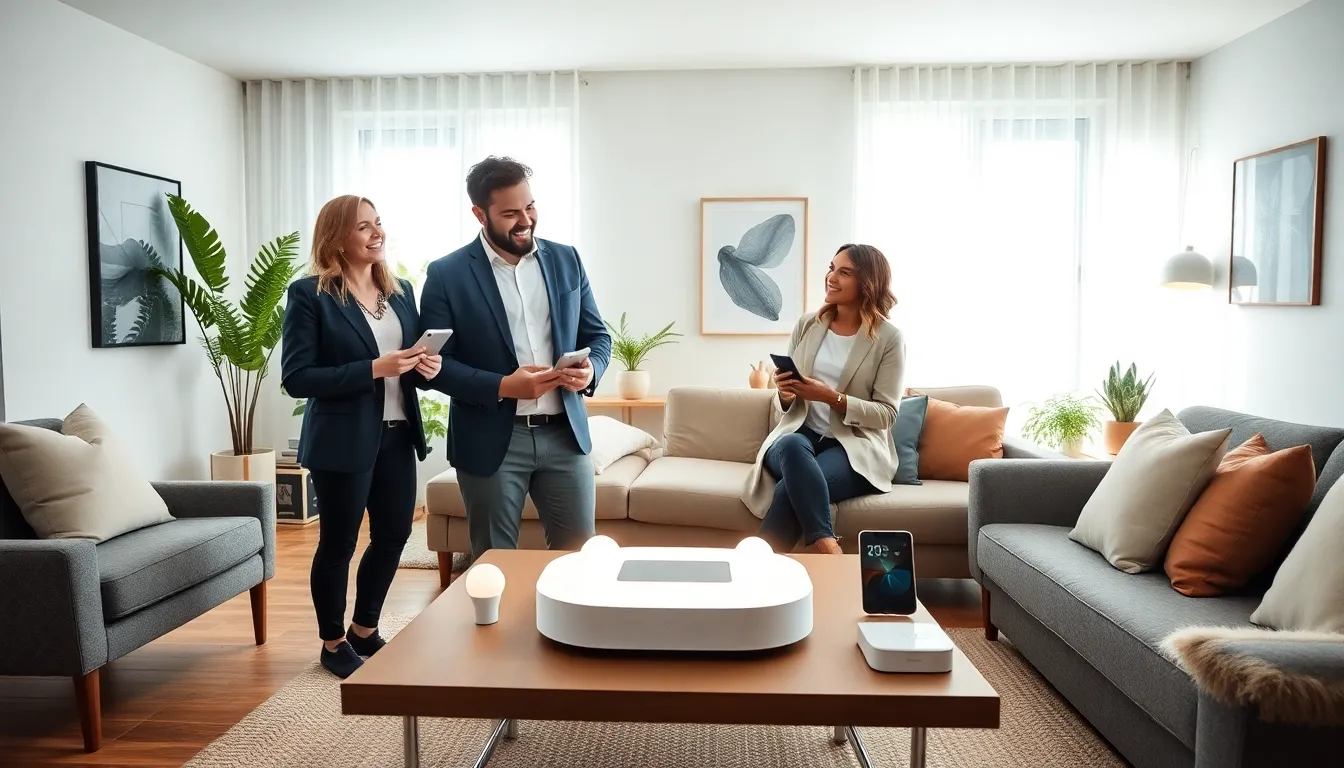 diverse group discussing DIY home automation in a modern living room.