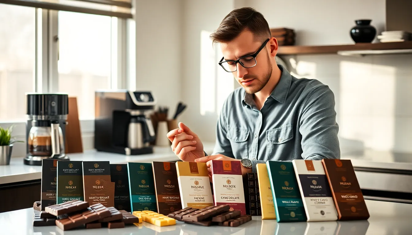 Person examining a variety of chocolate bars in a modern kitchen.