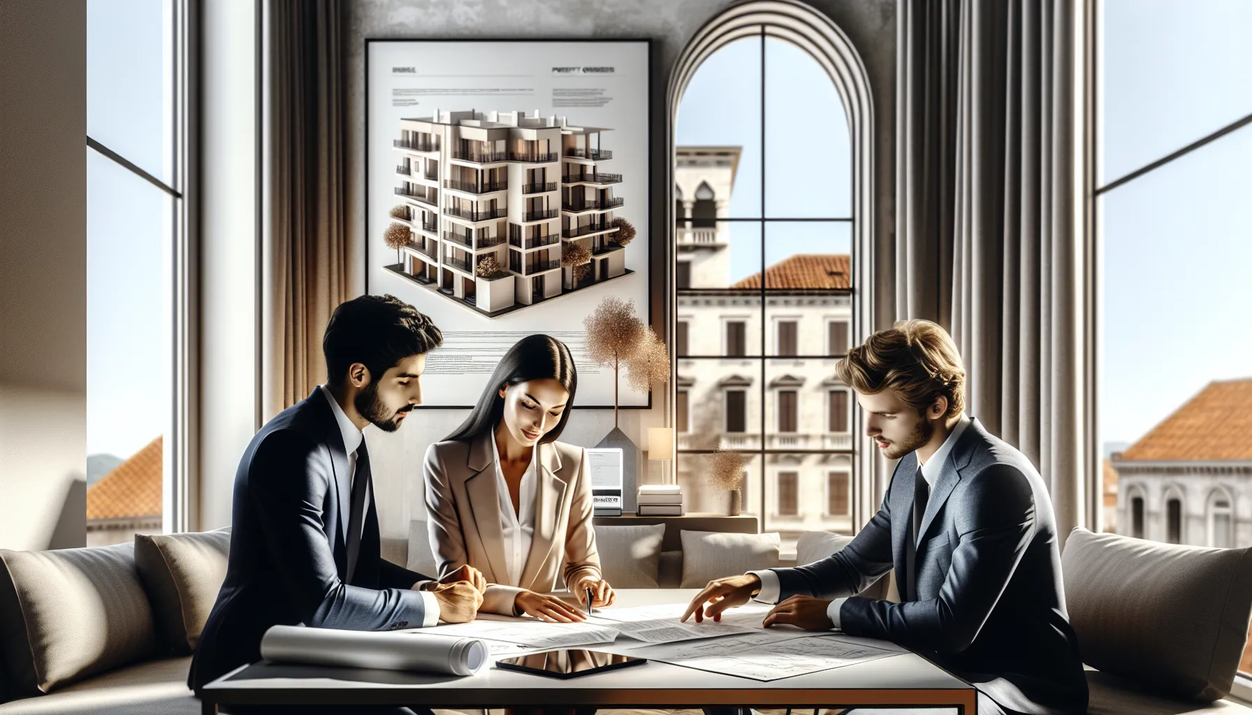 Real estate agent explaining property documents to clients in modern Croatian office