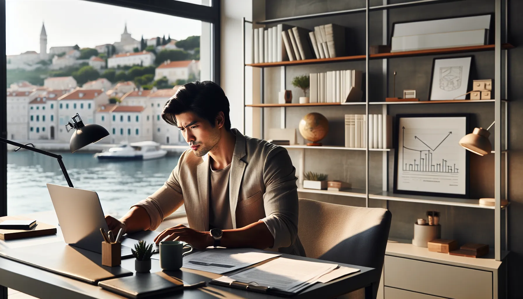 Professional freelancer working at modern desk in home office setting