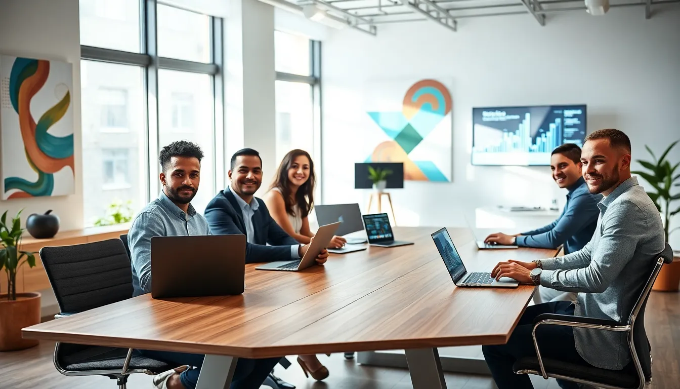 diverse team collaborating in a bright modern workspace.