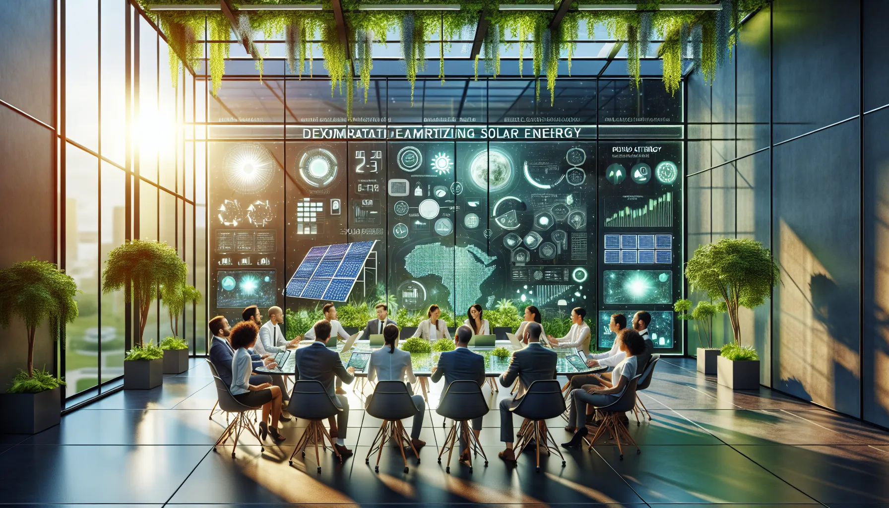 diverse team discussing solar energy solutions in a modern office.
